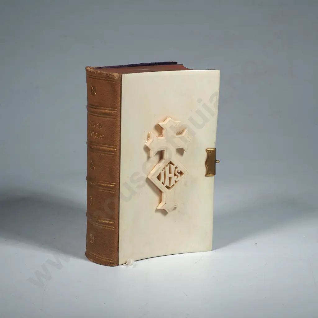 The Church Services London Book w Celluloid Front Cover featuring a Carved Cross w IHS Monogram & Gilt Metal Clasp Image 1++