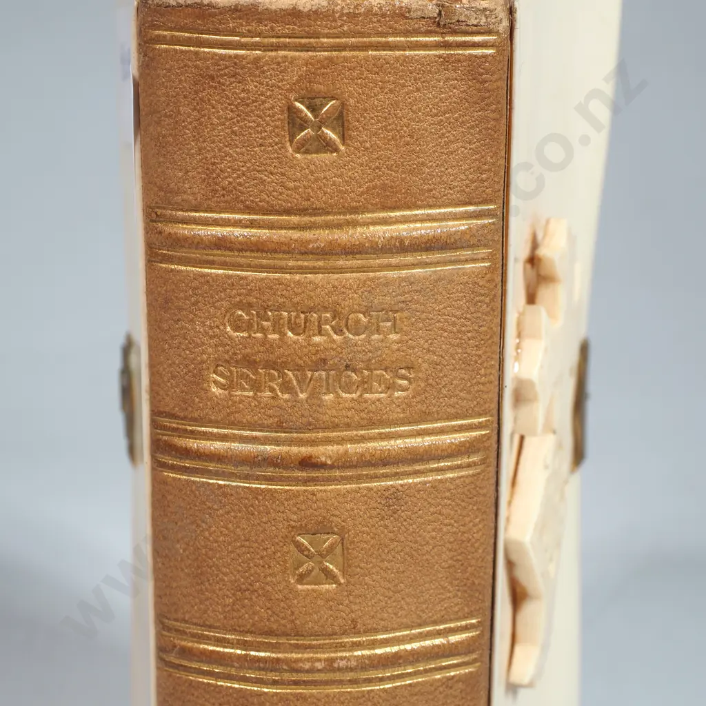 The Church Services London Book w Celluloid Front Cover featuring a Carved Cross w IHS Monogram & Gilt Metal Clasp Image 1++