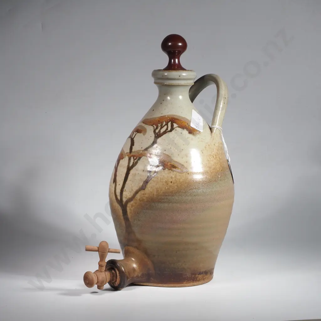 Vintage Art Pottery Wine Dispenser w Hand Painted Tree Design & a Wooden Tap Image 1++