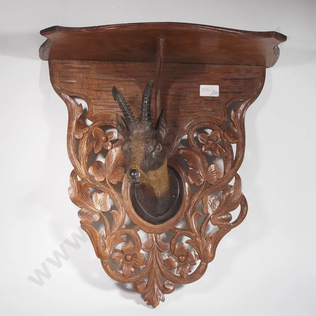 Vintage Black Forest Carved Deer Head on Wall Mount Shelf Plaque Image 1++