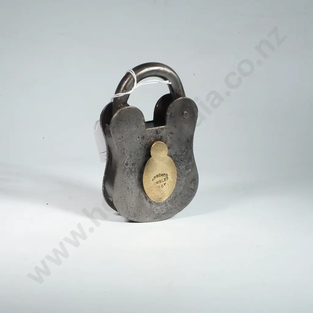 Antique Iron & Brass Lever Padlock w Swinging Keyhole Cover Stamped 'Improved Tumbler Lock' Image 1++