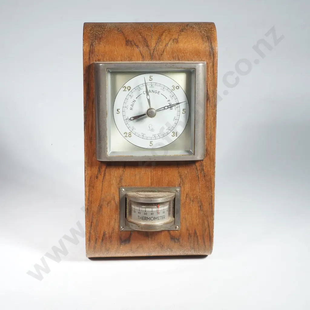 Vintage German Lufft Weather Station Wall Aneroid Barometer & Fahrenheit Thermometer On a Curved Wooden Base Image 1++