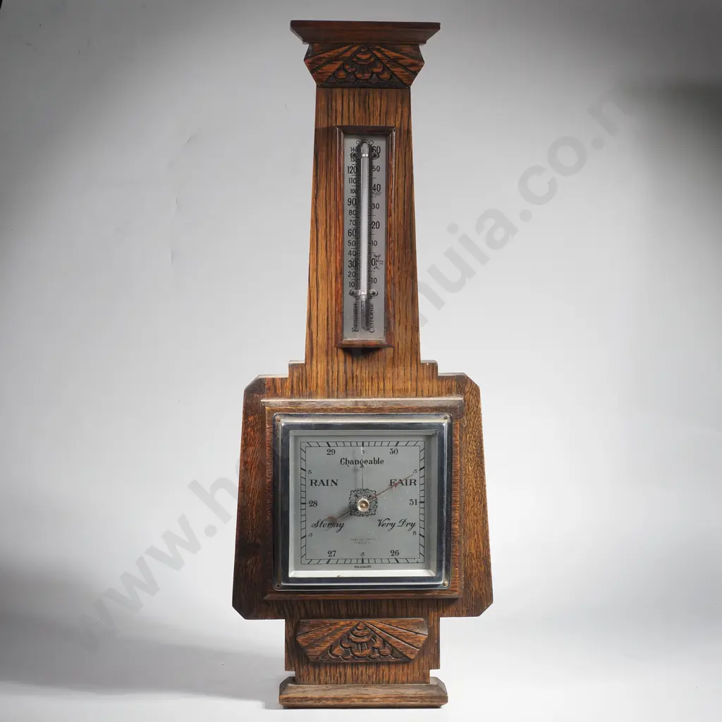 Art Deco Wooden Wall Barometer & Thermometer, Circa 1930 Image 1++