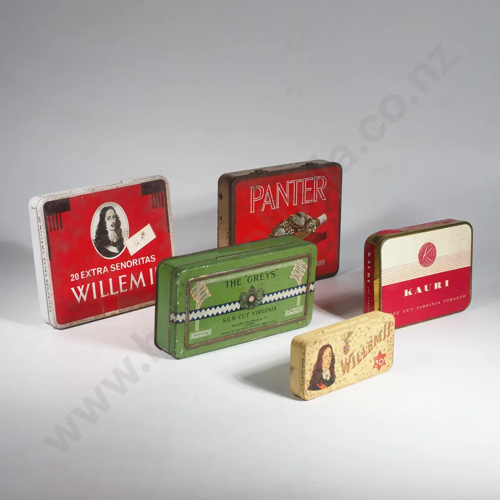Collection of Five Vintage Cigarette & Cigar Tins including 'The Greys', Willem II, Kauri & Panter Image 1++