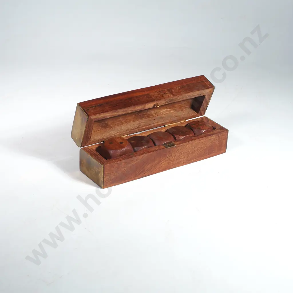 Wooden Box w Brass Anchor Inlay Containing Dice Image 1++