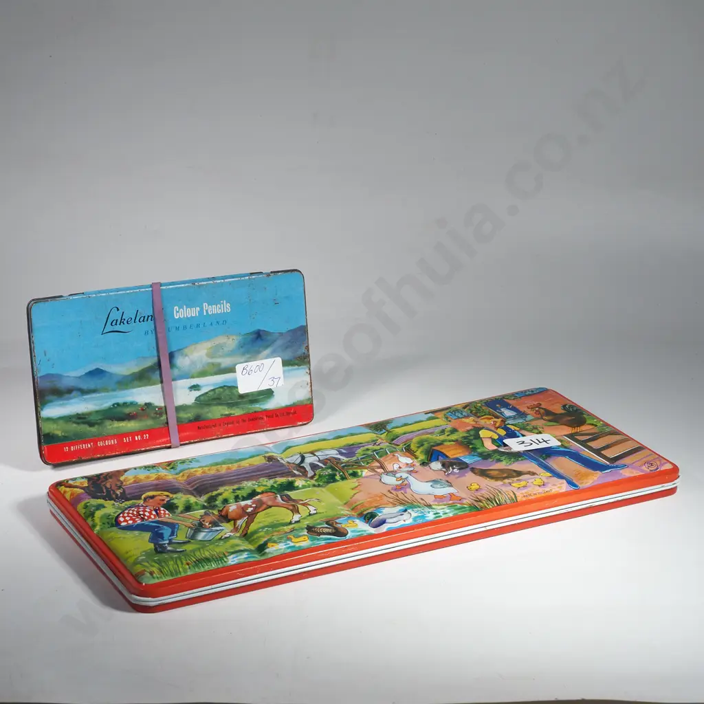Vintage English Tin Litho Watercolour Paint Set w Colour Pencil Set Image 1++