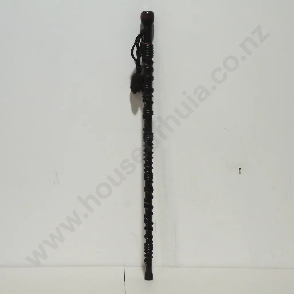 Modern Dark Stained Walking Stick w Distinct Spiral Pattern Down the Shaft w Paua Shell Inset Image 1++