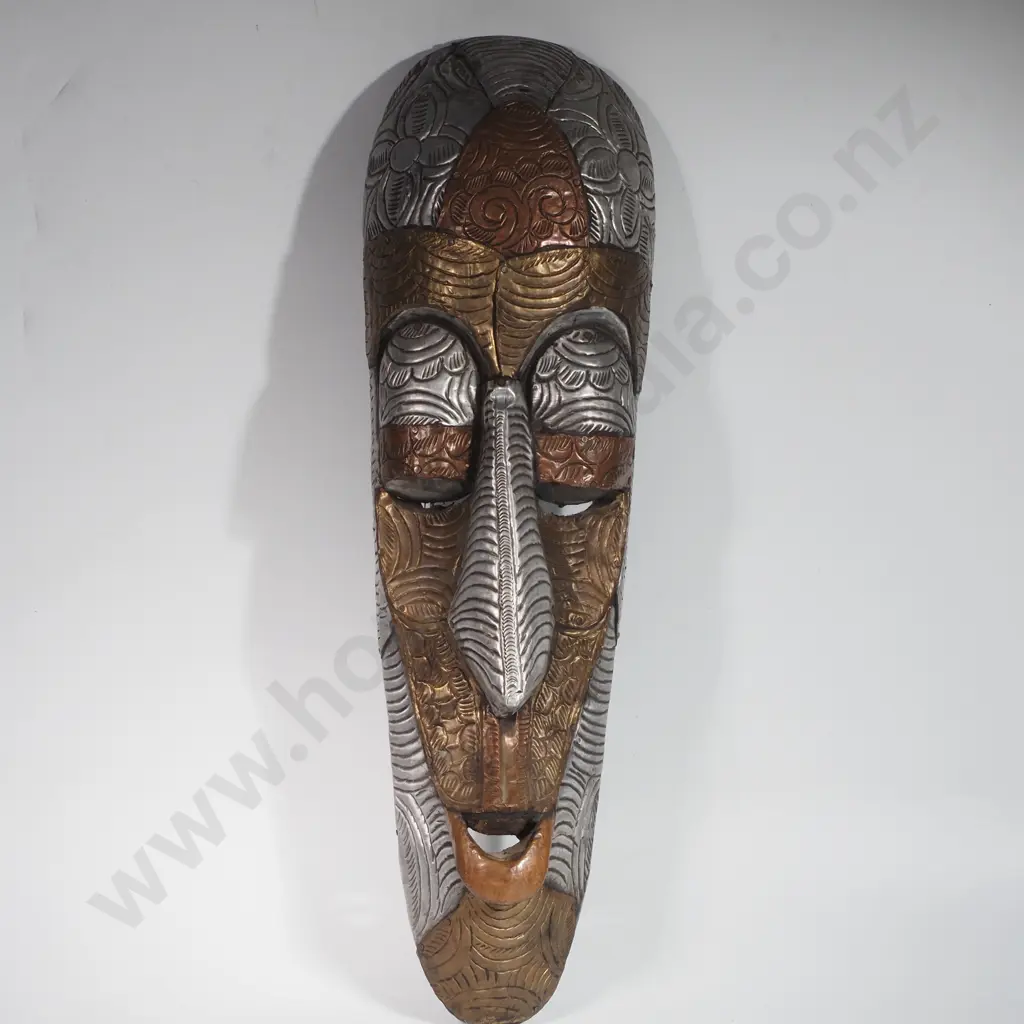 Handcarved Wooden Mask w Embossed Metal Tin Plating in Gold Silver & Copper Tones Image 1++