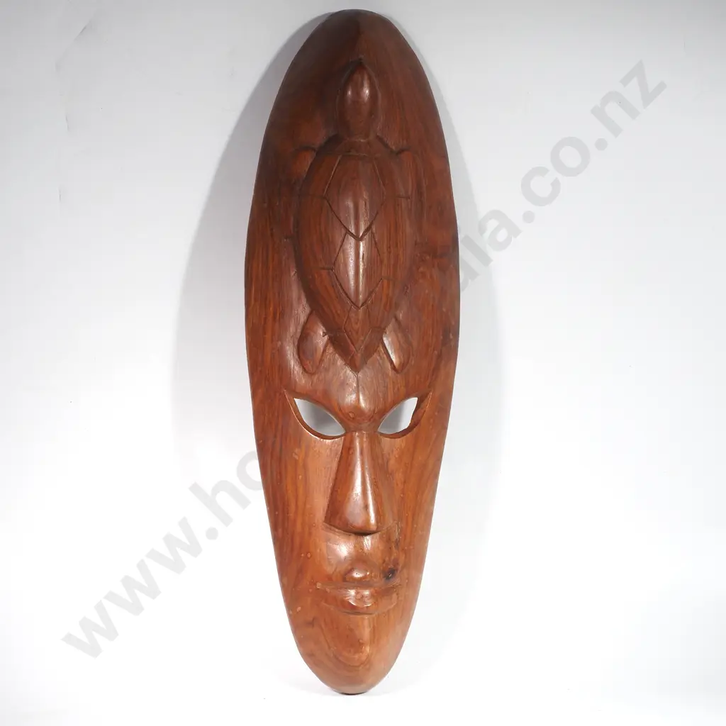 Hand Carved Pacific Style Wooden Tribal Mask w Turtle Motif on Forehead Image 1++
