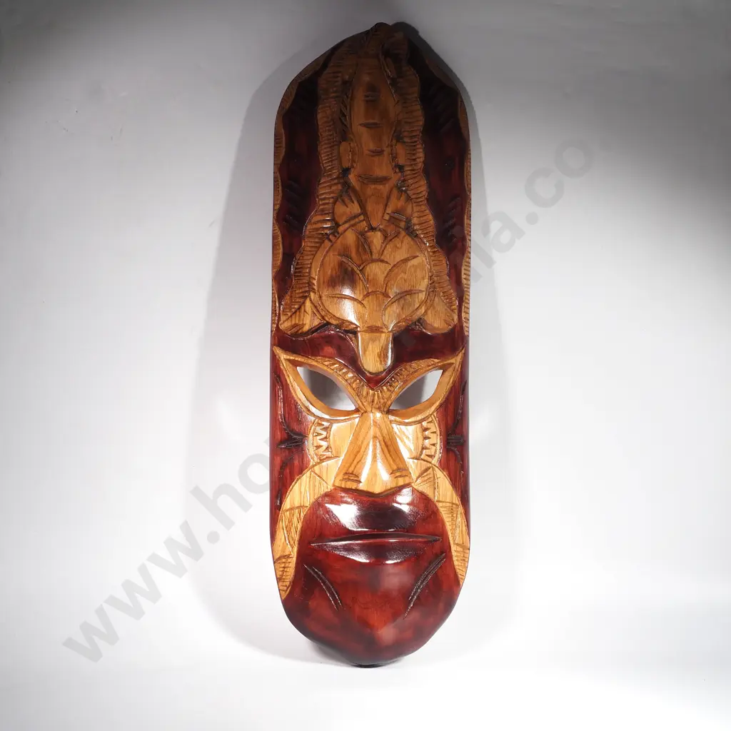 Hand Carved Pacific Style Wooden Tribal Mask w Turtle Motif on Forehead Image 1++