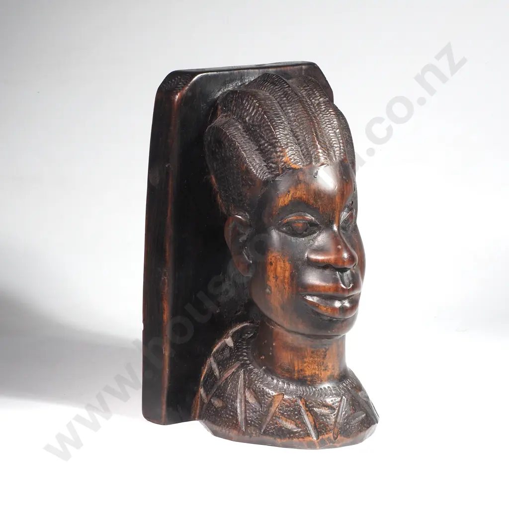 Vintage Wooden Hand Carved African Head Bookend w Intricate Braided Hairstyle Image 1++