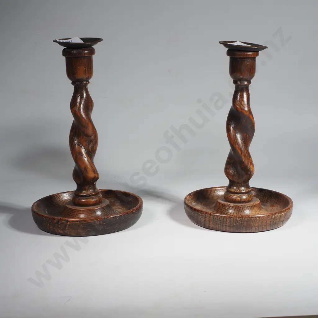 Antique Pair of Oak Barley Twist Candlesticks w Brass Insert Sconces Image 1++