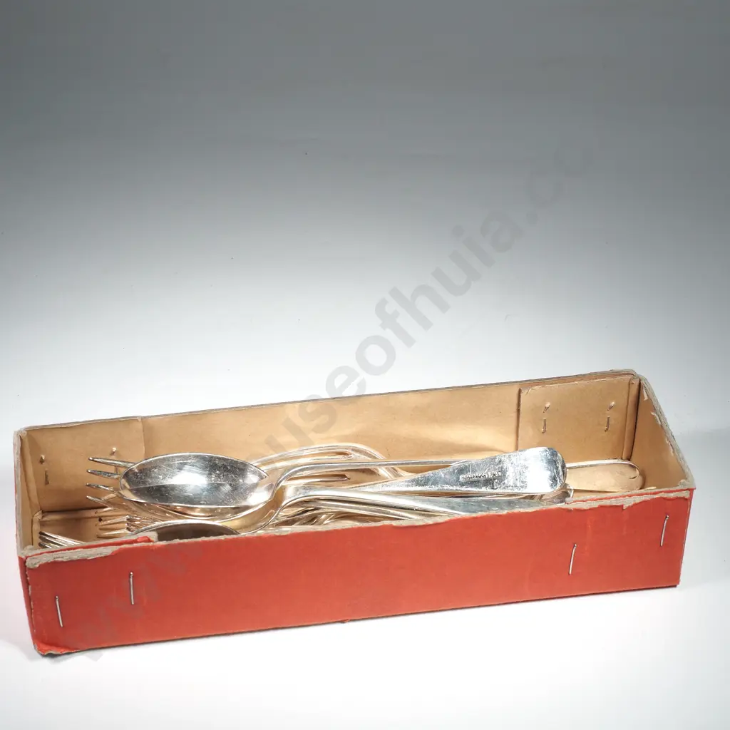 Collection of Silver Plate Cutlery including Forks, Dinner Spoons & Teaspoons in a Garrard & Co, Ltd Crown Jewellers Image 1++