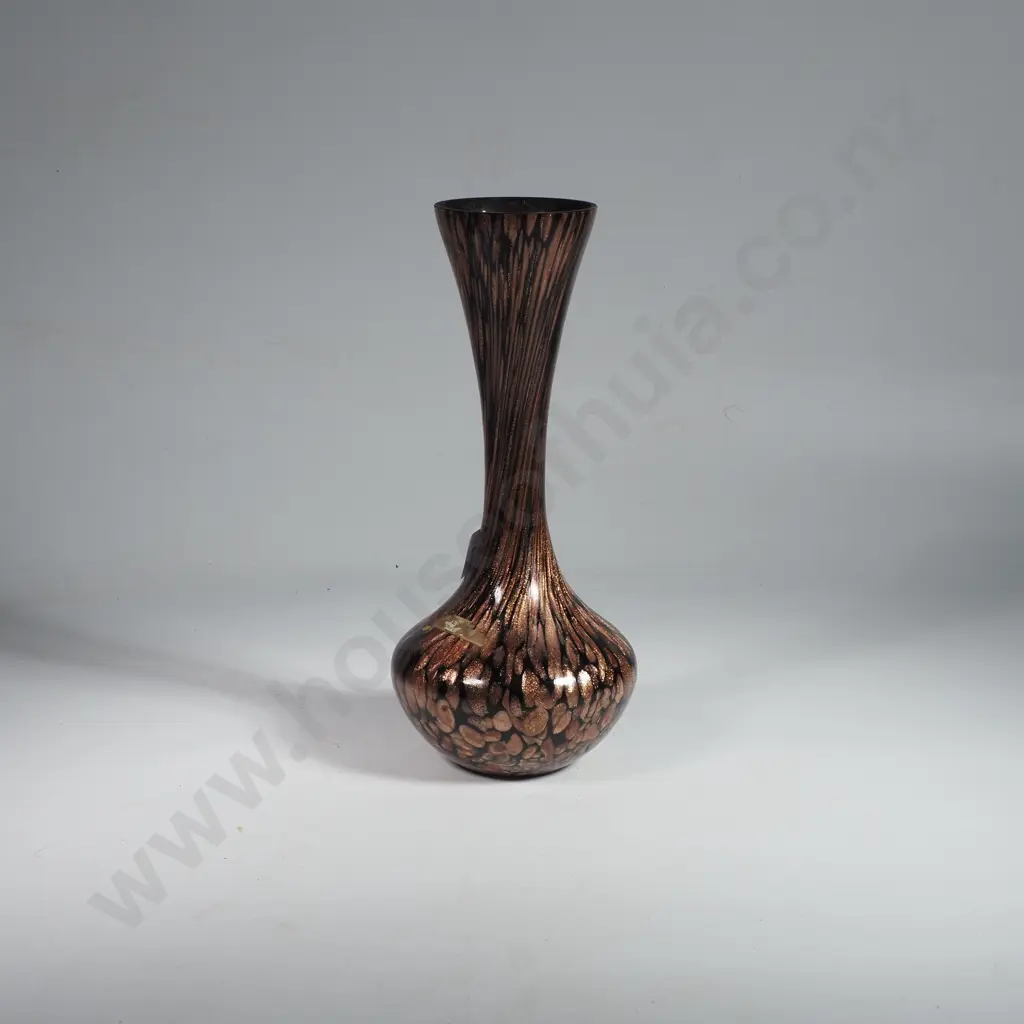 Mid Century Murano Glass Aventurine Vase by Vincenzo Nason w Copper Glitter Swirls on Black Image 1++