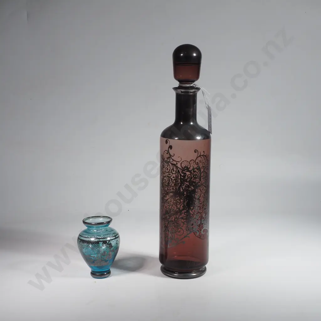 Venetian Amethyst Glass Decanter w Intricate Silver Or Metallic Overlay & a Small Vintage Italian Aqua Art Glass Vase Image 1++
