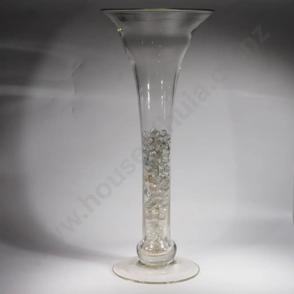 Tall Clear Glass Trumpet Vase w Clear Glass Marbles Image 1++