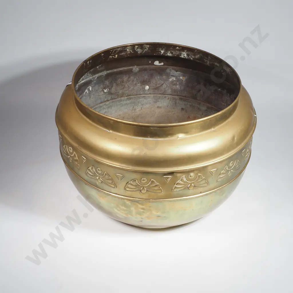 Vintage Large Brass Jardiniere or Planter w Embossed Stylized Floral Frieze by KDM Daalderop, Holland Image 1++