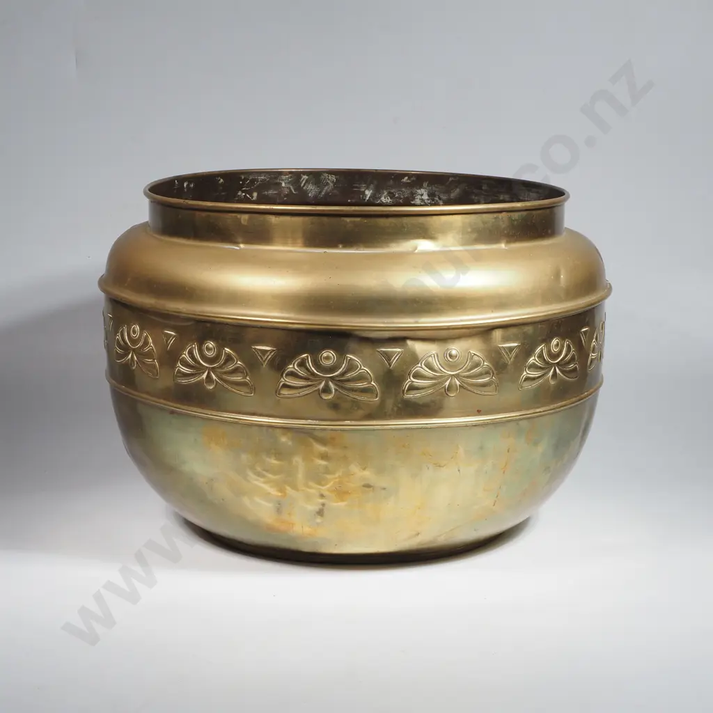 Vintage Large Brass Jardiniere or Planter w Embossed Stylized Floral Frieze by KDM Daalderop, Holland Image 1++