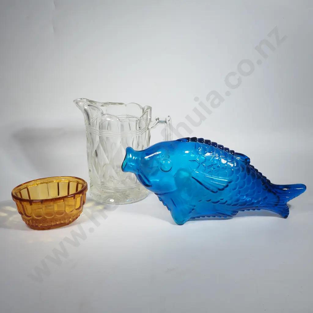 Amber Glass Jelly Mould w Anchor Pattern, Large Molded Glass Jug w Diamond Pattern & a Blue Glass Bottle or Decanter Image 1++