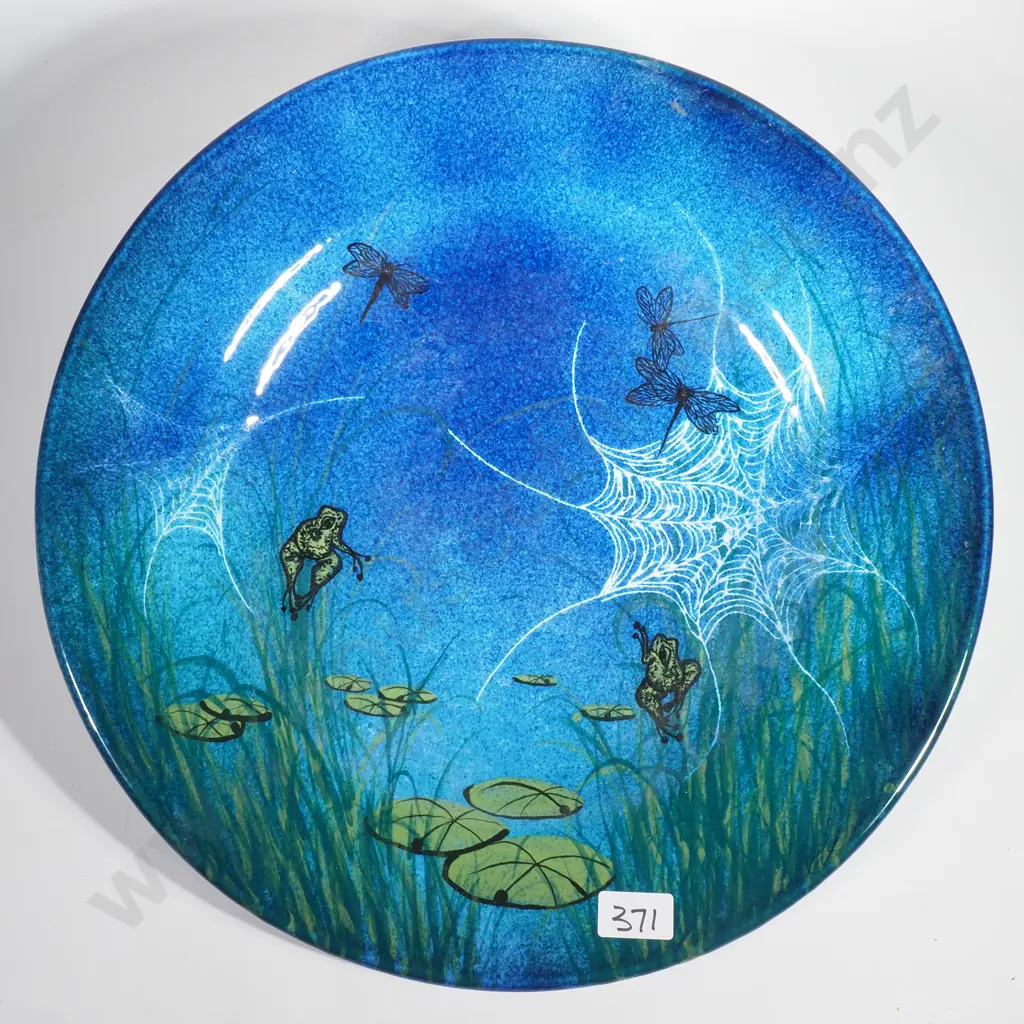 Large Pottery Charger Hand Painted by Anne Murray NZ w Pond Lily, Cobweb & Frog Motif Image 1++
