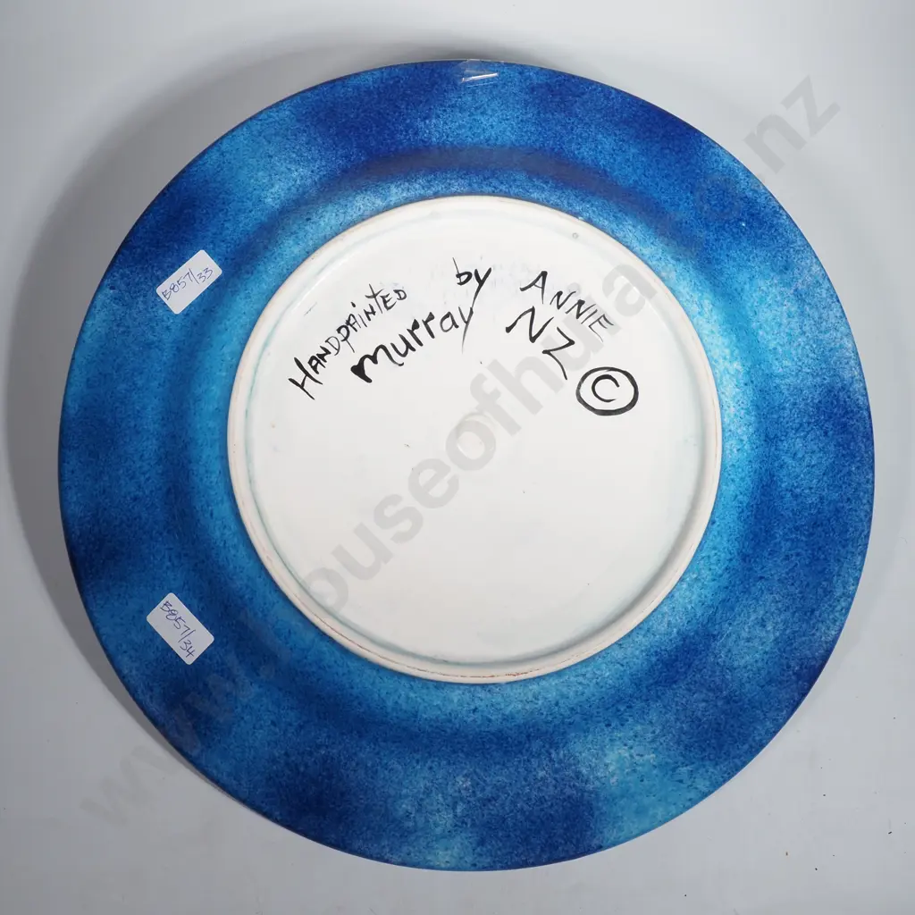Large Pottery Charger Hand Painted by Anne Murray NZ w Pond Lily, Cobweb & Frog Motif Image 1++