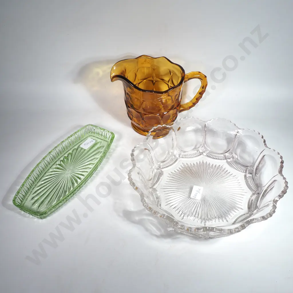 Vintage Molded Glass Items including an Amber Glass Jug, Clear Glass Bowl & a Green Rectangular Depression Glass Dish Image 1++