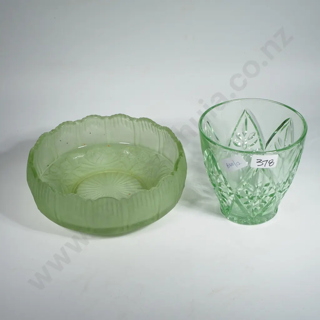 Art Deco Green Glass Bowl w Frosted Finish & a Base w Rose & Leaf Pattern, Possibly Sowerbys & Depression Glass Vase Image 1++