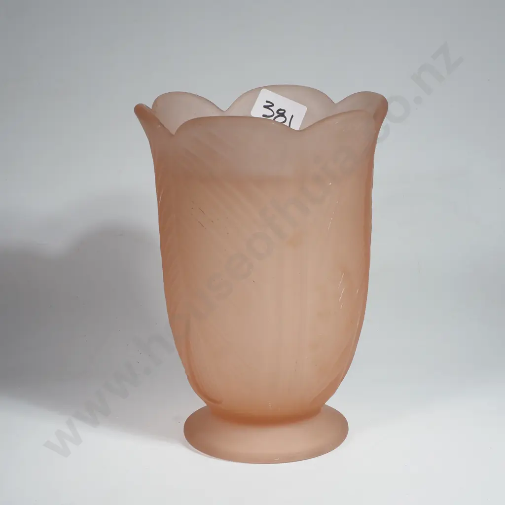 Vintage Art Deco Frosted Pink Glass Tulip Vase by Bagley & Co w Scalloped Rim & Frog Image 1++