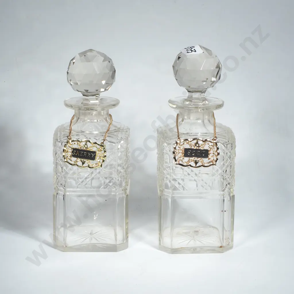 Pair of Vintage Hobnail Glass Decanters w Port & Sherry Labels Image 1++