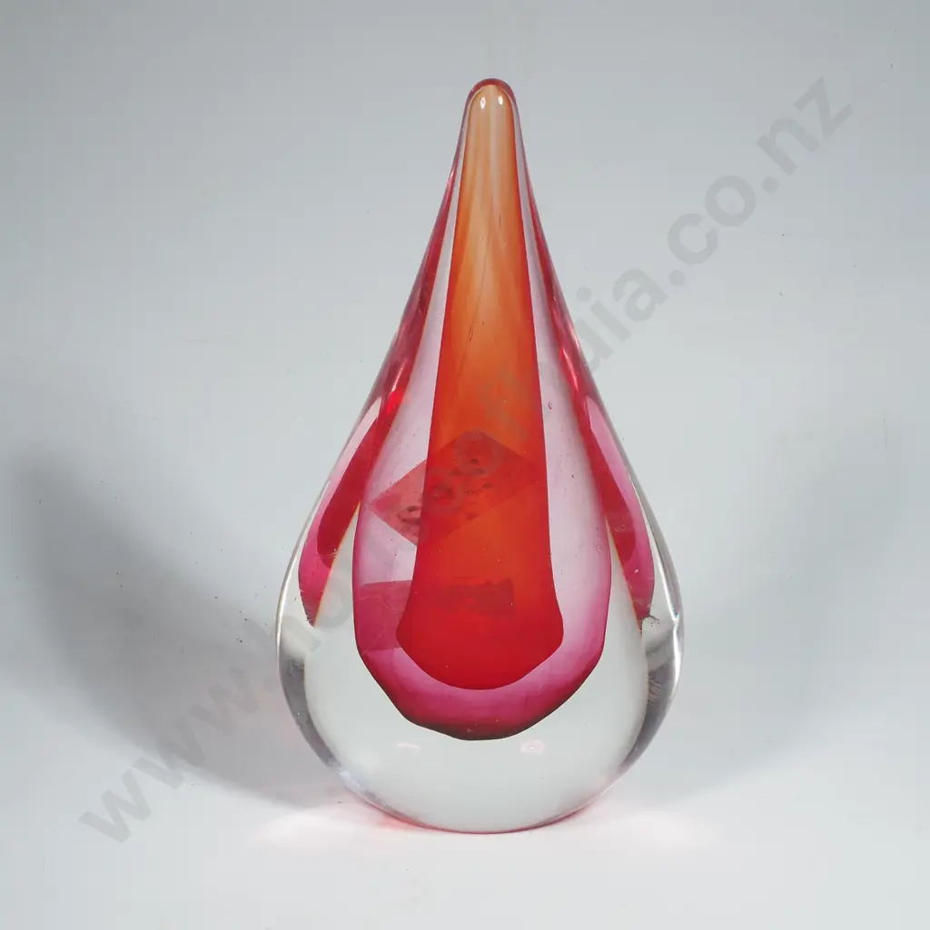 Teardrop Shaped Glass Sculpture in Orange & Pink Sommerso in Clear Glass Image 1++