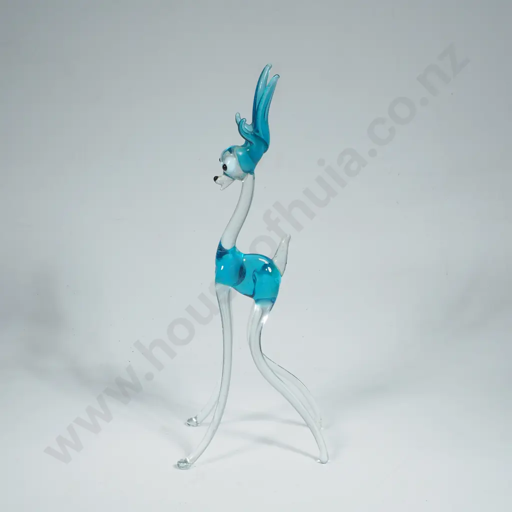 Vintage Lampwork Clear Glass Figurine w Blue Body & Antlers Image 1++