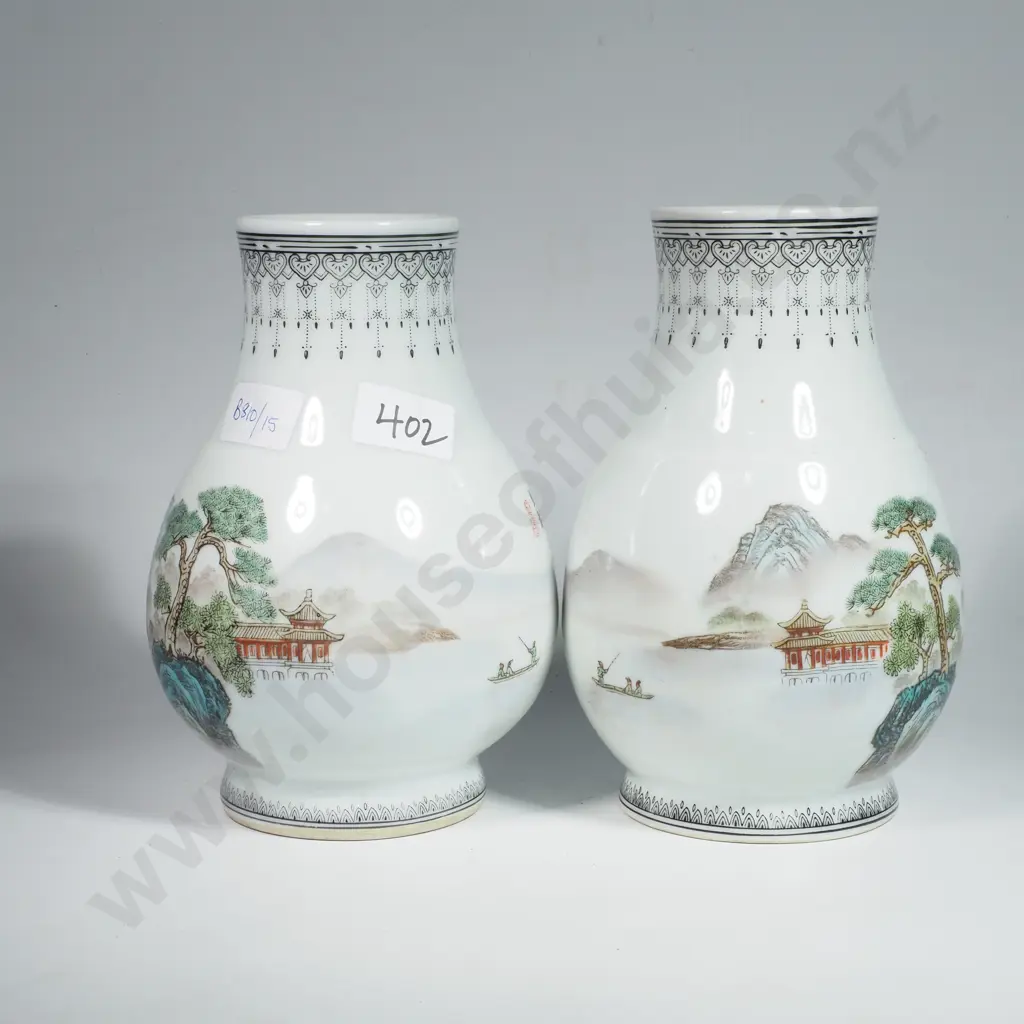 Pair of Vintage Mid 20th Century Chinese Porcelain Vases from Jingdezhen w Hand Painted Landscape Scenes w Pavilions Image 1++