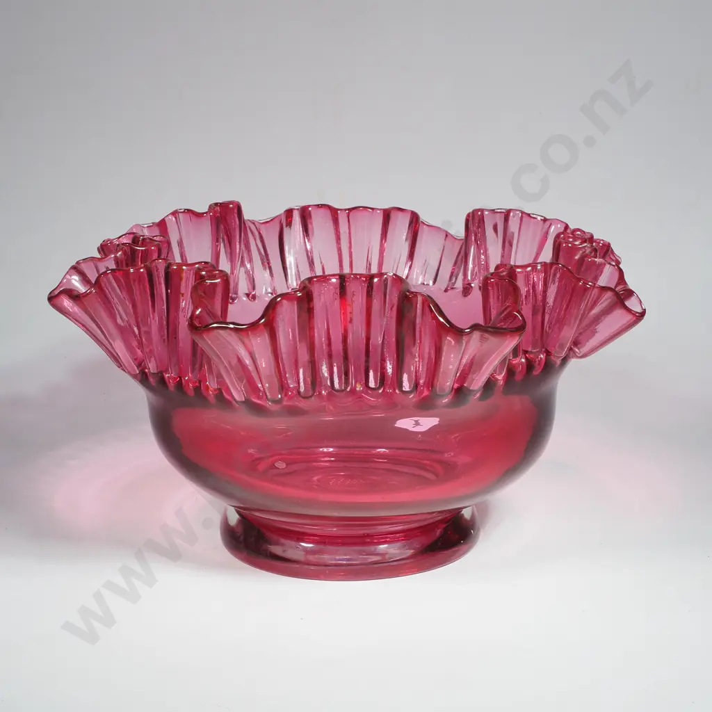 Large Cranberry Glass Bowl w Ruffled Edge Image 1++