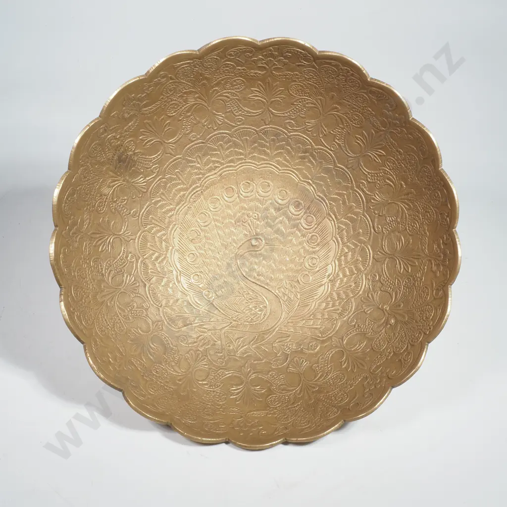 Vintage Indian Brass Bowl w Scalloped Rim w Intricate Peacock Design Image 1++