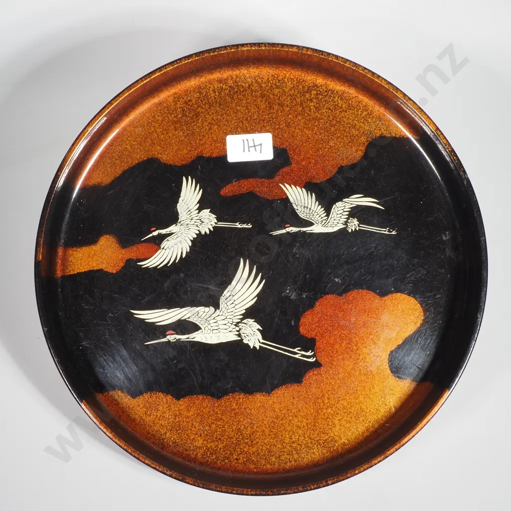 Japanese Lacquerware Tray Featuring a Crane & Cloud Design Image 1++