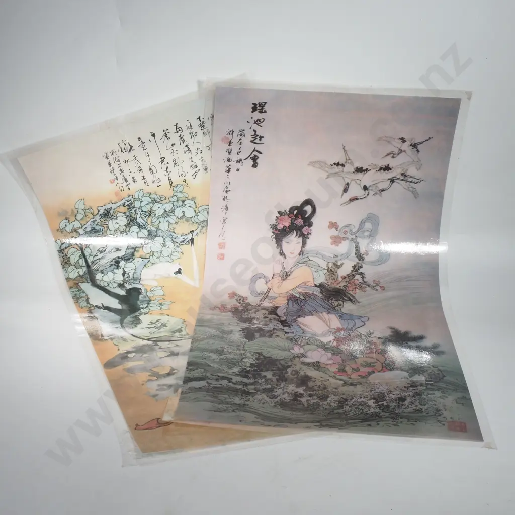 Two Chinese Art Scroll Prints - 'Yaochi Banquet' & Playing w Monkey by Celebrated Painter & Illustrator Hua Sanchuan Image 1++
