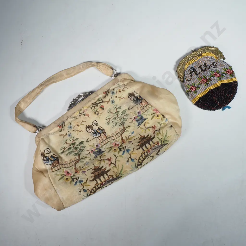 Vintage Style Purse/ Evening Bag w An Asian Inspired Landscape Scene & an Antique Beaded Coin Purse w German Inscription Image 1++