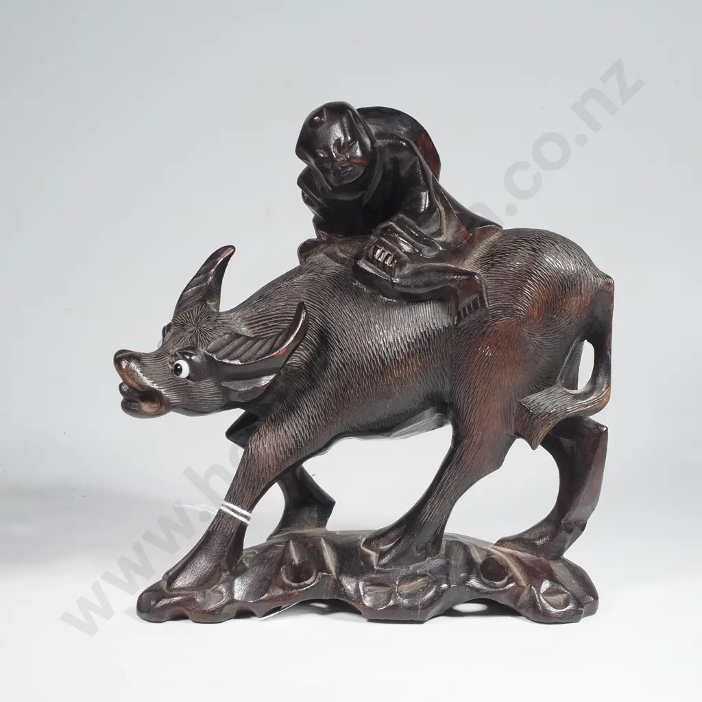Chinese Hardwood Hand Carved Figure Depicting a Figure Riding a Water Buffalo Image 1++