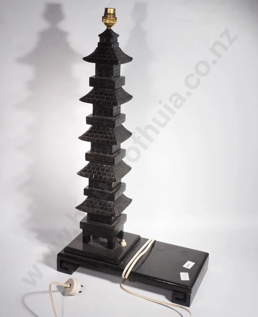 Vintage Black Wooden Lamp in the Form of a Pagoda on a Rectangular Base Image 1++