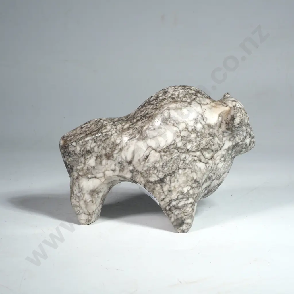 Handcarved Figure of a Bison in Grey & White Marble, Made in Russia Image 1++