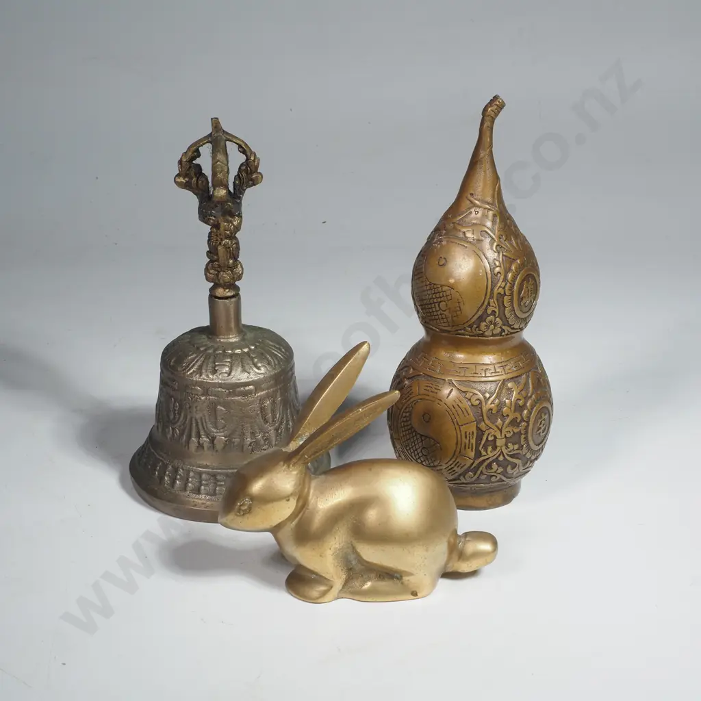 Three Brass Items Incl. a Tibetan Brass Bell, Rabbit & a Brass Bagua Gourd Statue or HuLu w Yin Yang Symbols Image 1++