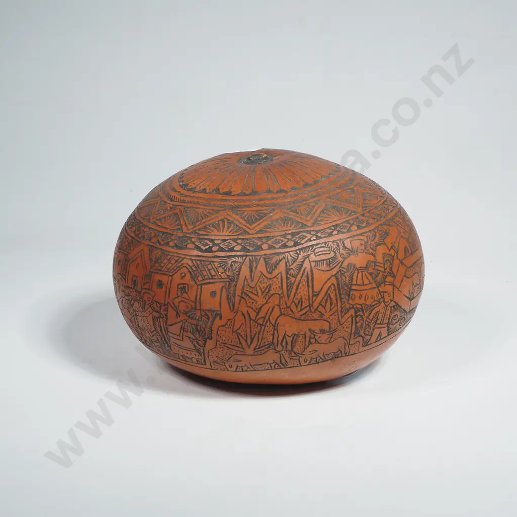 Peruvian Intricately Carved Gourd Depicting Village Scenes Image 1++