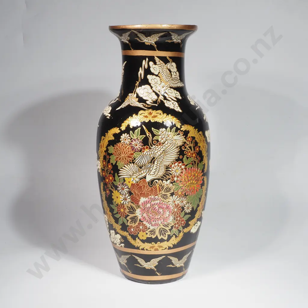 Japanese Black Porcelain Vase w Gold Cranes & Floral Designs Image 1++