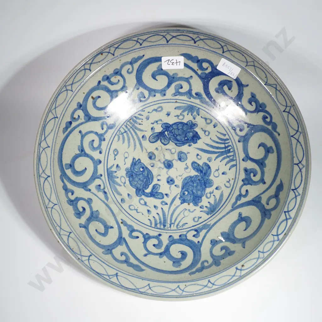 Chinese Blue & Grey Pottery Charger w Aquatic Scene w Three Fish & Chinese Character Marks to Back Image 1++