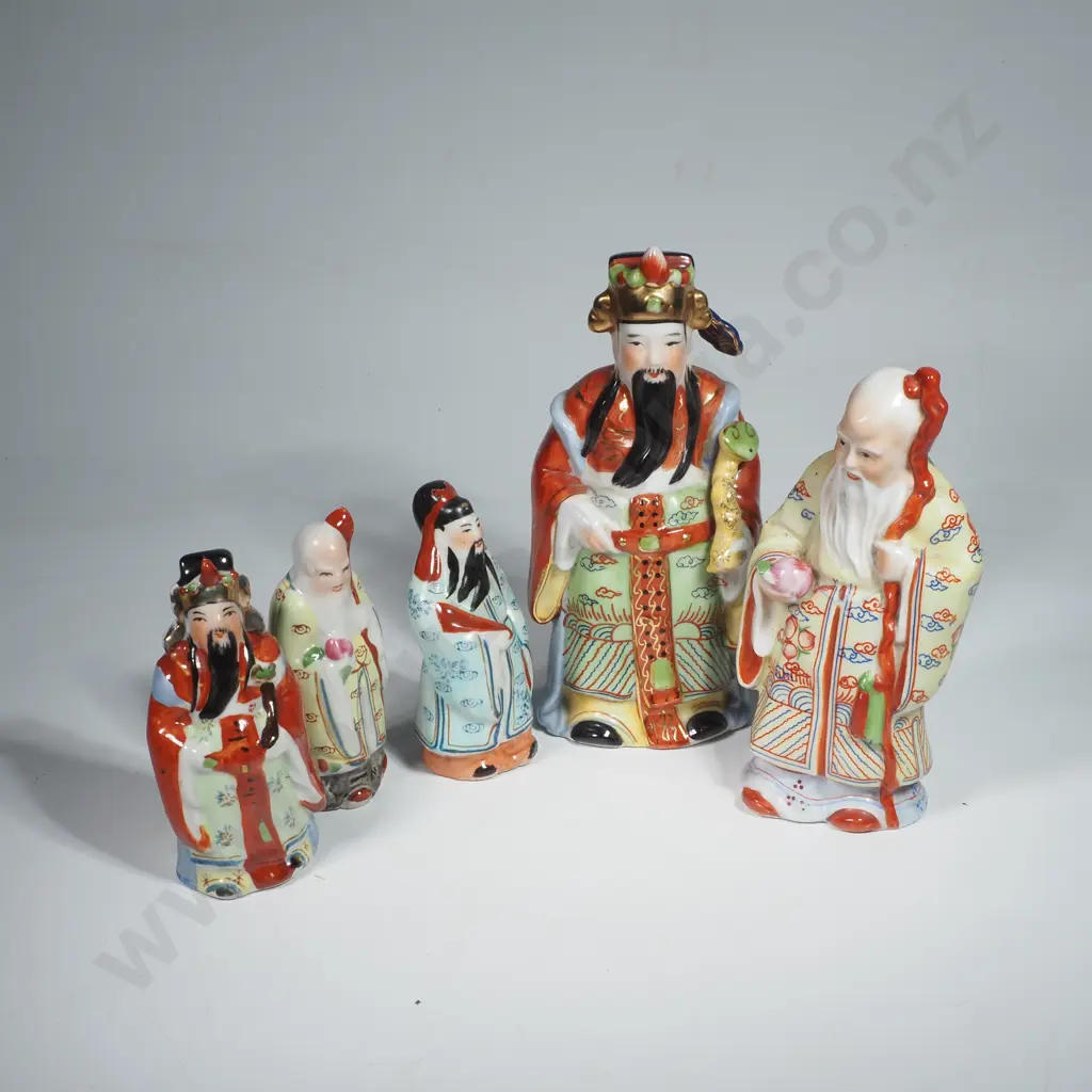 Five Chinese Porcelain Figures, The Three Smaller the 'Fu Lu Shou' Triad Representing Fortune Image 1++