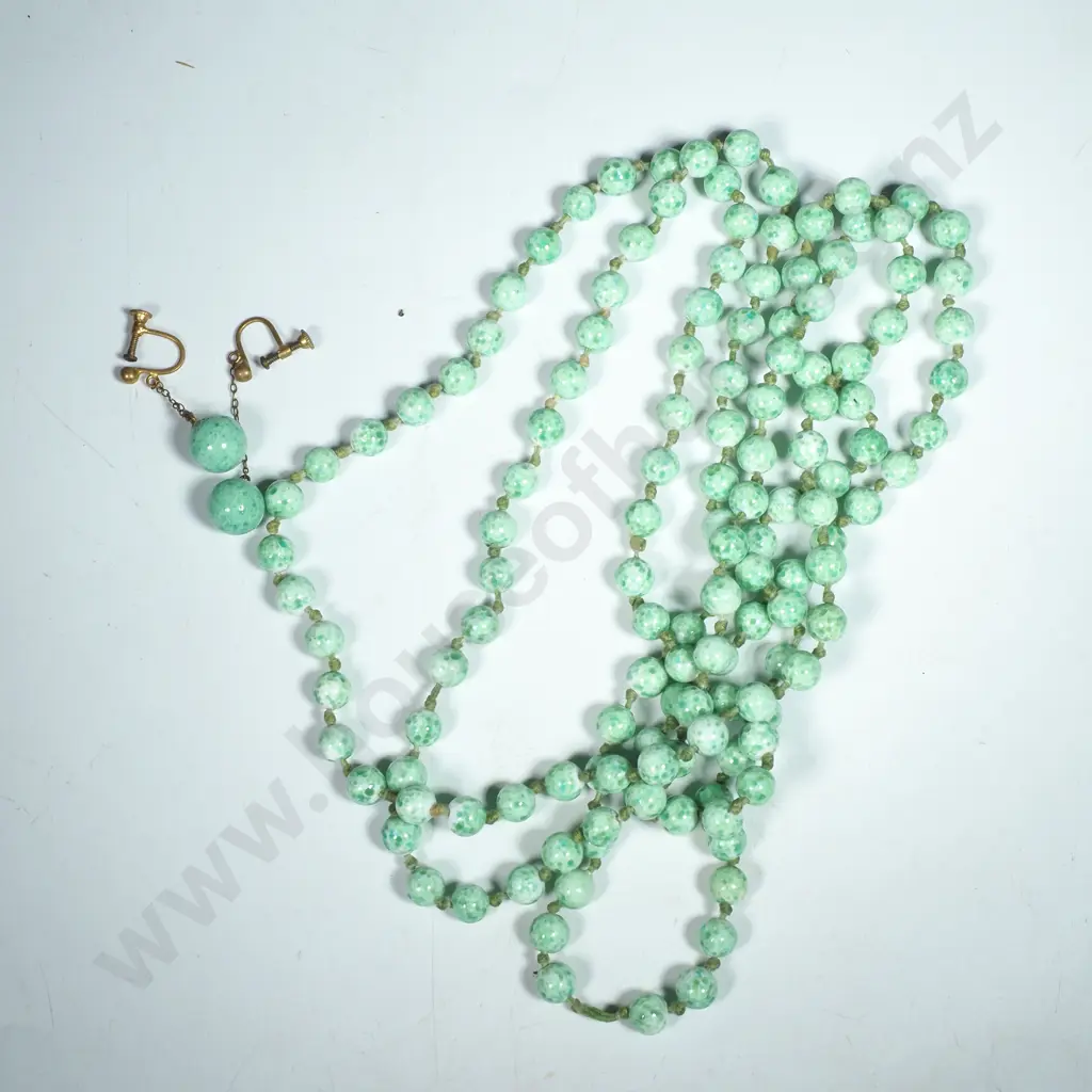 Czech Art Deco Hand Knotted String of Green Peking Glass in Marbled Seafoam Green w a Single Earring Image 1++