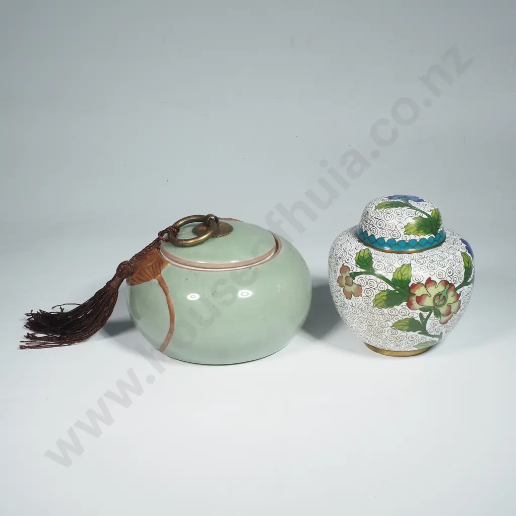 Small Cloisonne Ginger Jar & a Green Ceramic Tea Canister w Crackle Glaze w Lotus Leaf Decoration Image 1++