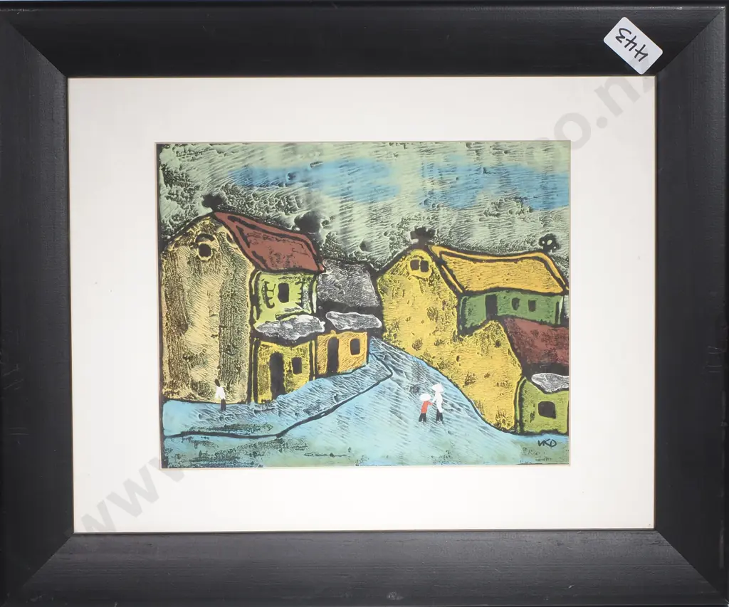 Vasile Dobrian (Attributed) - Village Scene w Figures, Watercolour & Gouache Image 1++
