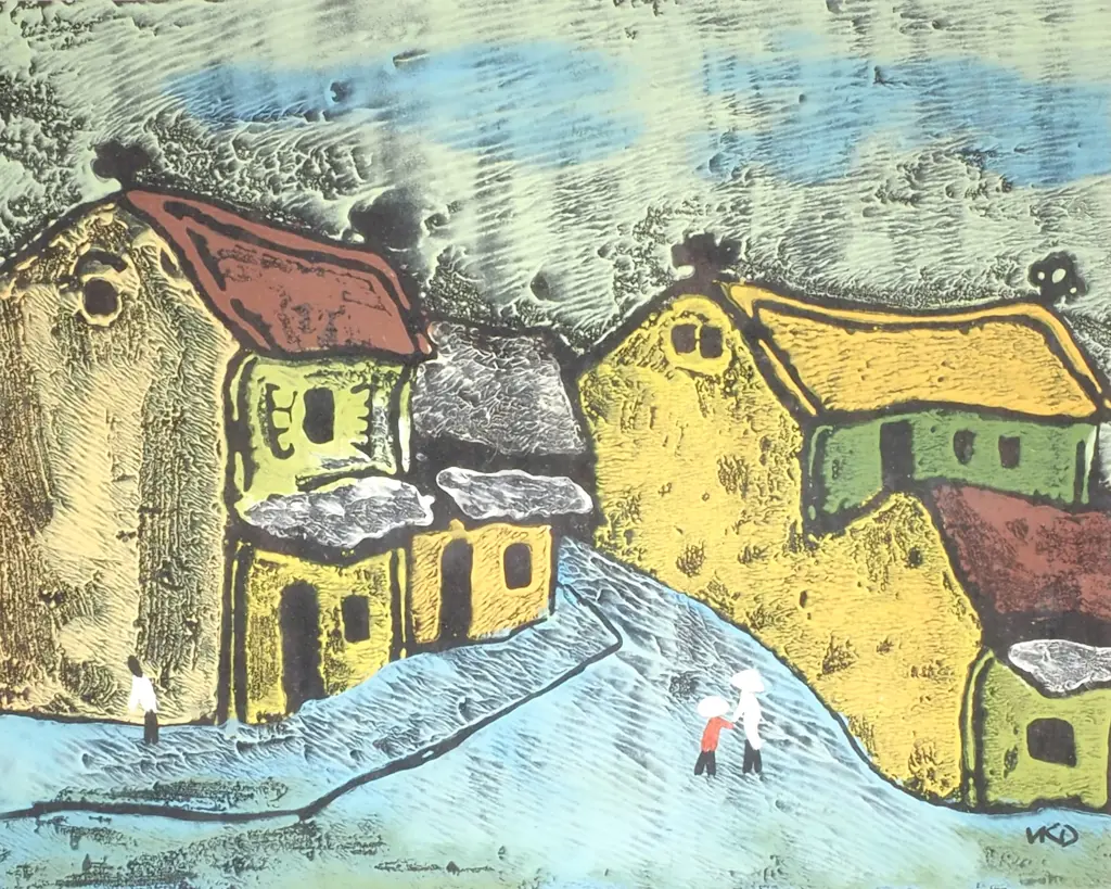 Vasile Dobrian (Attributed) - Village Scene w Figures, Watercolour & Gouache Image 1++