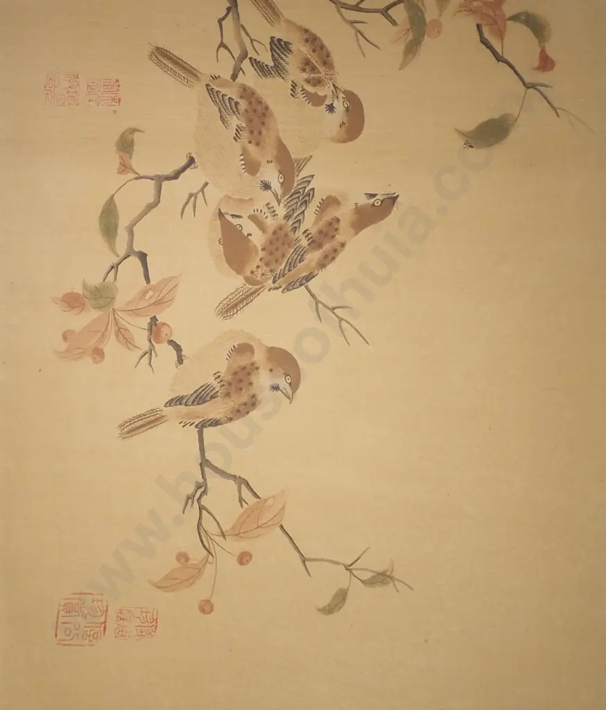 Chinese Painting on Silk w Birds on Flowering Branches w Patterned Fabric Mat Image 1++